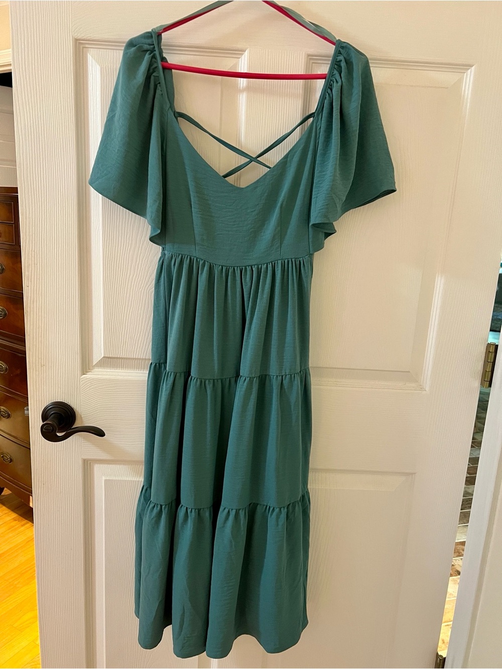 She + Sky Teal Tiered Midi Dress with Flutter Sleeves NWT